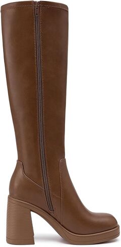 Athlefit Knee High Boots for Women Square Toe Platform Chunky Heel Stretchy Tall Boots with Side Zipper in Saudi Arabia