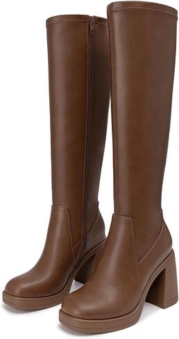 Athlefit Knee High Boots for Women Square Toe Platform Chunky Heel Stretchy Tall Boots with Side Zipper in Saudi Arabia