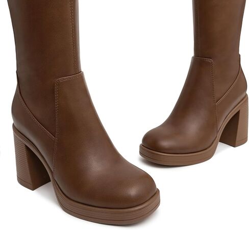 Athlefit Knee High Boots for Women Square Toe Platform Chunky Heel Stretchy Tall Boots with Side Zipper in Saudi Arabia