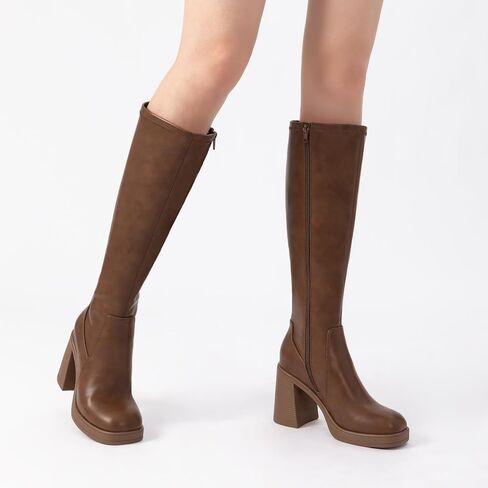 Athlefit Knee High Boots for Women Square Toe Platform Chunky Heel Stretchy Tall Boots with Side Zipper in Saudi Arabia