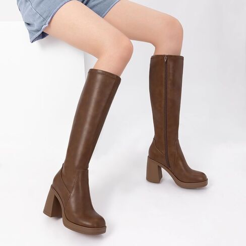Athlefit Knee High Boots for Women Square Toe Platform Chunky Heel Stretchy Tall Boots with Side Zipper in Saudi Arabia