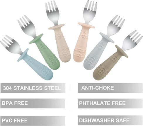 PandaEar 6 Pack Baby Forks for Self Feeding | Stainless Steel Tips & Silicone Handle Baby Utensils for Toddlers & Kids | BPA-Free, Easy Grip, Dishwasher Safe Feeding Forks for Baby Led Weaning in Saudi Arabia