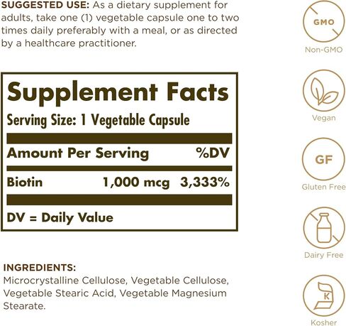 Solgar Biotin 1000 mcg - 250 كبسولة نباتية - يدعم صحة البشرة والأظافر والشعر - غير معدل وراثيًا، نباتي، خالي من الغلوتين، خالي من منتجات الألبان، كوشير، حلال - 250 وجبة in Saudi Arabia