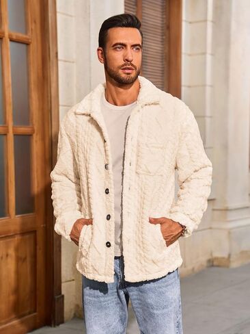 Yousify Mens Fuzzy Sherpa سترة الصوف الزر غير الرسمي لأسفل معطف الخريف الخريف الشتاء. in Kuwait