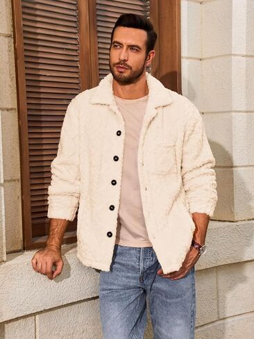 Yousify Mens Fuzzy Sherpa سترة الصوف الزر غير الرسمي لأسفل معطف الخريف الخريف الشتاء. in Kuwait