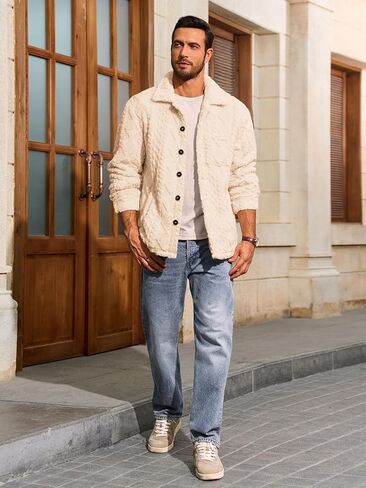 Yousify Mens Fuzzy Sherpa سترة الصوف الزر غير الرسمي لأسفل معطف الخريف الخريف الشتاء. in Kuwait