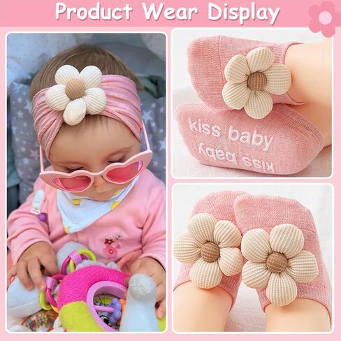 Baby Girls Beys and Socks Newborn Flower Bowlbands Non-Slips Grips Socks Nylon Hair Associory age and Quildlers (Beige ، 6-12 months) in Kuwait