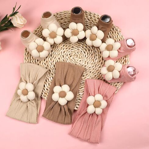 Baby Girls Beys and Socks Newborn Flower Bowlbands Non-Slips Grips Socks Nylon Hair Associory age and Quildlers (Beige ، 6-12 months) in Kuwait