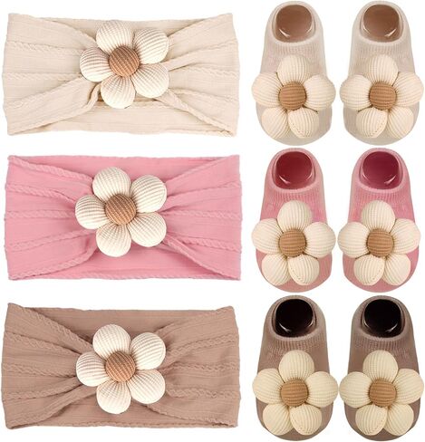 Baby Girls Beys and Socks Newborn Flower Bowlbands Non-Slips Grips Socks Nylon Hair Associory age and Quildlers (Beige ، 6-12 months) in Kuwait