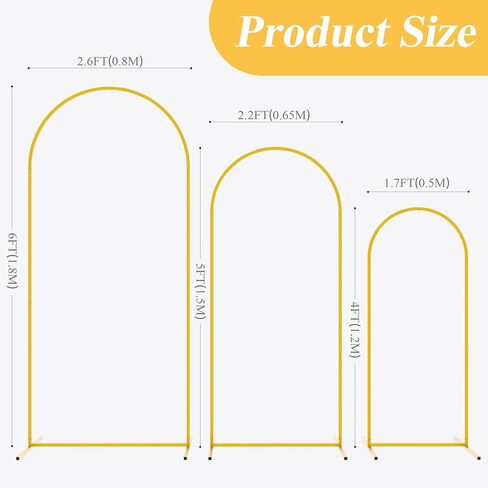 Putros Metal Arch Stand Gold Wedding Chiara Backdrop Stand Set of 3 (7.2FT,6.6FT,6FT) Square Arched Frame for Birthday Party Decoration in Kuwait