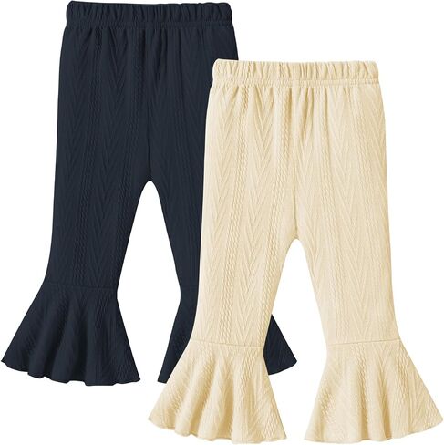 2 Pack Toddler Baby Girl Pants Flare Leggings Ribbed Knit Newborn Bell Bottoms Solid Ruffle Infant Pants for Girls in Kuwait
