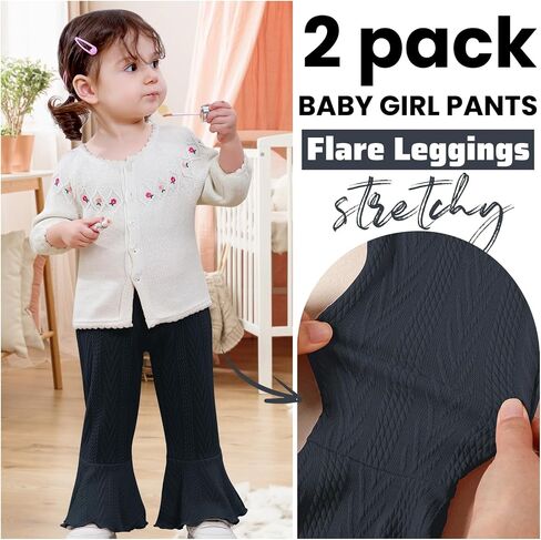 2 Pack Toddler Baby Girl Pants Flare Leggings Ribbed Knit Newborn Bell Bottoms Solid Ruffle Infant Pants for Girls in Kuwait