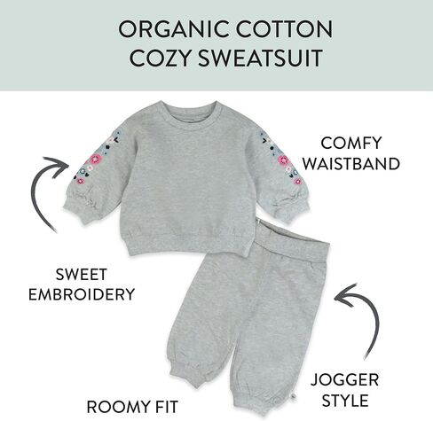 HonestBaby baby-girls 2-piece Cozy Sweatsuit With Embroidered Sleeve 100% Organic Cotton for Infant Baby and Toddler, Girls in Saudi Arabia