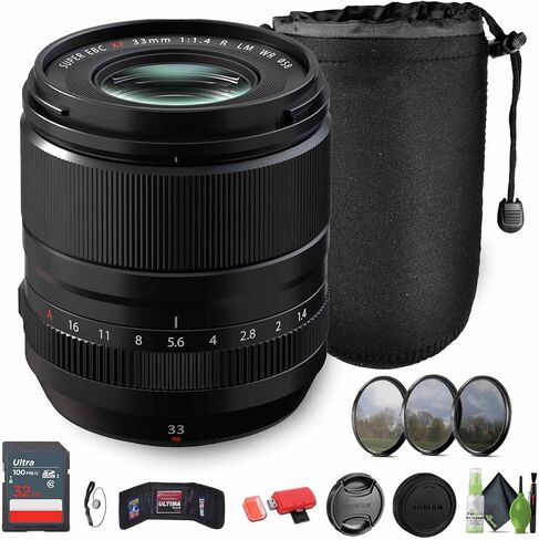Fujifilm XF 33mm F/1.4 R LM WR BUNDLE مع POUCH 10 بوصة + 32 جيجابايت بطاقة الذاكرة + طقم تصفية 3 قطع 3 قطع ، 58 مم + حارس كاب + المزيد in Saudi Arabia