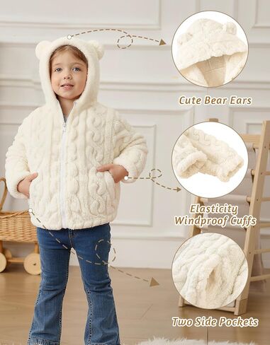 Toddler Fleece Jacket Girls Hooded Zip-up Coat Warm Winter Clothes with Pocket 2-6 Years in Kuwait