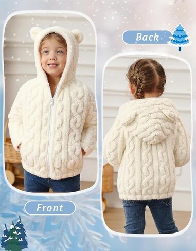 Toddler Fleece Jacket Girls Hooded Zip-up Coat Warm Winter Clothes with Pocket 2-6 Years in Kuwait