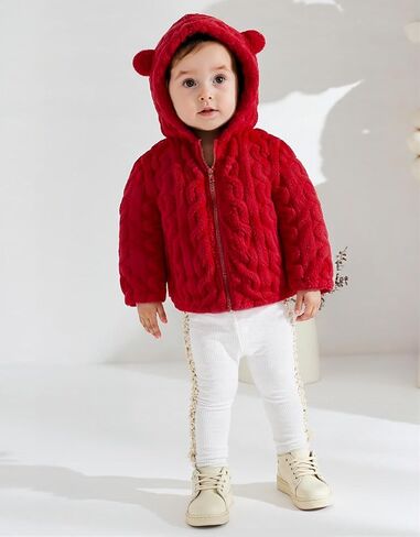 Toddler Fleece Jacket Girls Hooded Zip-up Coat Warm Winter Clothes with Pocket 2-6 Years in Kuwait