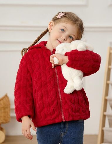 Toddler Fleece Jacket Girls Hooded Zip-up Coat Warm Winter Clothes with Pocket 2-6 Years in Kuwait