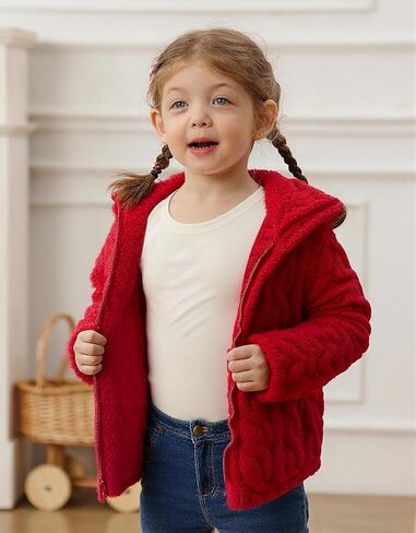 Toddler Fleece Jacket Girls Hooded Zip-up Coat Warm Winter Clothes with Pocket 2-6 Years in Kuwait