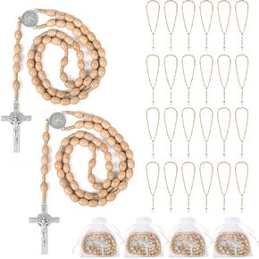30 Set Wooden Rosary Beads Bulk Catholic Rosaries Wood for Men Women with Jesus Holy Crucifix Cross Rosary with Organza Bags Baptism Favors Religious Rosary Catholic Christians Prayer Church Present (Beige) in Kuwait