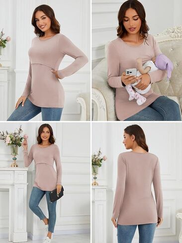 Liu & Qu 4-Pack Womens Nursing Tops Long Sleeve Breastfeeding Shirts Double Layer Fall Maternity Clothes in Kuwait