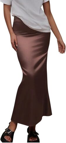 Womens Satin Skirt Silk A Line Swing Pleated Party Wedding Cocktail Skirts High Waist Bodycon Long Maxi Skirt in Kuwait