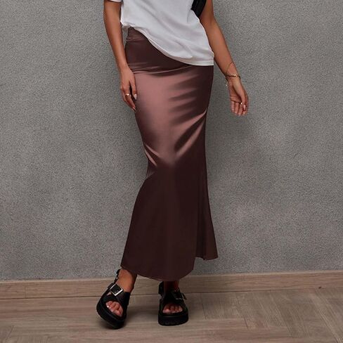Womens Satin Skirt Silk A Line Swing Pleated Party Wedding Cocktail Skirts High Waist Bodycon Long Maxi Skirt in Kuwait