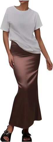 Womens Satin Skirt Silk A Line Swing Pleated Party Wedding Cocktail Skirts High Waist Bodycon Long Maxi Skirt in Kuwait