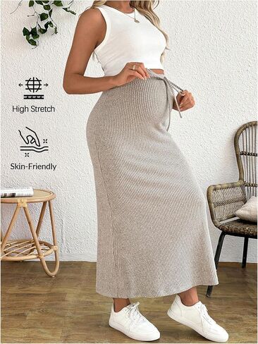 MakeMeChic Women's Maternity Two Piece Sets Crew Neck Sleeveless Crop Tank Tops and Midi Skirts Pregnancy Set in Saudi Arabia