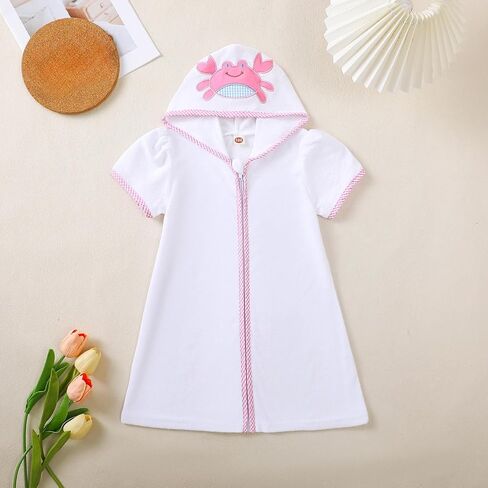 Toddler Baby Terry Swim Cover Up Beach Cute Cartoon Crab Embroidered Hooded Zipper Coverups for Swimwear in Saudi Arabia