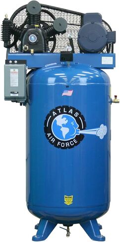 ATLAS Automotive Equipment AF7 Vertical 80 Gallon Air Compressor with Mag Starter, 3 Cylinder, 2-Stage Pump, 5hp Running Motor, 90-175 PSI, 220V Single Phase, 1/2" NPT Air Outlet, Made in USA in Saudi Arabia