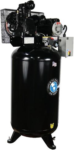 ATLAS Automotive Equipment AF7 Vertical 80 Gallon Air Compressor with Mag Starter, 3 Cylinder, 2-Stage Pump, 5hp Running Motor, 90-175 PSI, 220V Single Phase, 1/2" NPT Air Outlet, Made in USA in Saudi Arabia