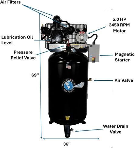 ATLAS Automotive Equipment AF7 Vertical 80 Gallon Air Compressor with Mag Starter, 3 Cylinder, 2-Stage Pump, 5hp Running Motor, 90-175 PSI, 220V Single Phase, 1/2" NPT Air Outlet, Made in USA in Saudi Arabia