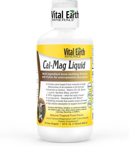 Vital Earth Minerals Cal-Mag Supplement Liquid - Calcium Magnesium Liquid Bone Support Supplement with Energizing/Balancing Fulvic Acid Minerals, Vitamin D3 and Vitamin K, 32 Fl Oz (Pack of 2) in Saudi Arabia