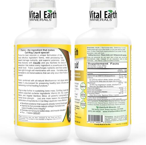 Vital Earth Minerals Cal-Mag Supplement Liquid - Calcium Magnesium Liquid Bone Support Supplement with Energizing/Balancing Fulvic Acid Minerals, Vitamin D3 and Vitamin K, 32 Fl Oz (Pack of 2) in Saudi Arabia