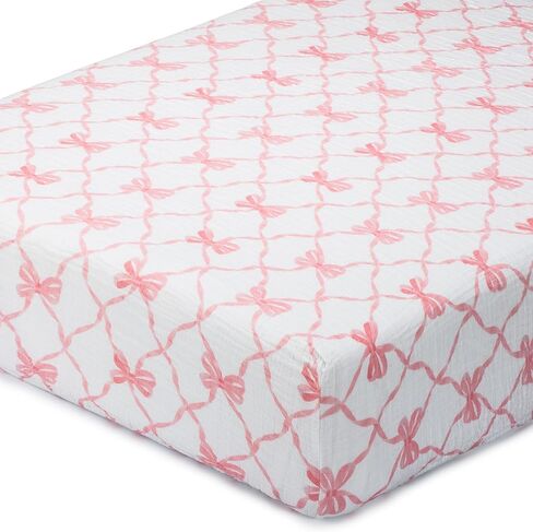 LollyBanks Muslin Crib Sheet 1 Pack, Soft and Breathable 100% Cotton Crib Fitted Sheets for Girls, Cozy and Snug Baby Sheet for Standard 52"x28" Mattress, Baby Bedding Essentials (Pink Bow Print) in Kuwait