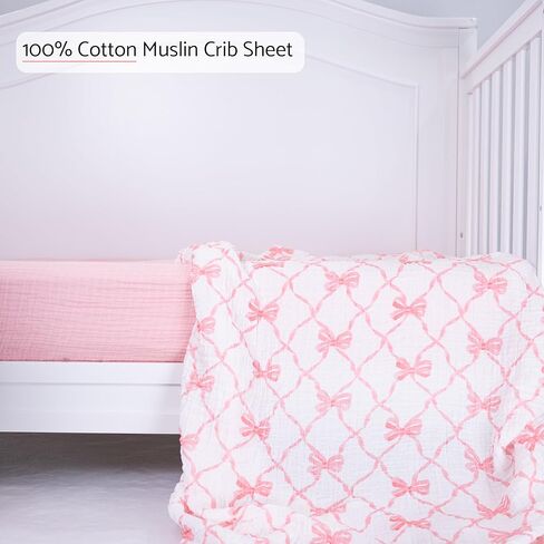 LollyBanks Muslin Crib Sheet 1 Pack, Soft and Breathable 100% Cotton Crib Fitted Sheets for Girls, Cozy and Snug Baby Sheet for Standard 52"x28" Mattress, Baby Bedding Essentials (Pink Bow Print) in Kuwait