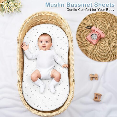 صفائح باسنيت Basumee Baby Bassinet 2 حزمة شاشات شاش باسينيت للأولاد للأولاد بنات ناعم من السرير باسينيت مجهز مع النطاق المرن السفلي 33'x17''x4 '' ' in Kuwait