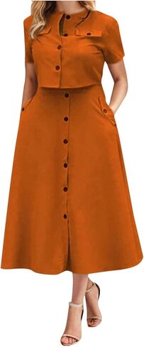 Skirt Sets for Women 2 Piece Outfits Button Down Short Sleeve Tops Lightweight High Waist Maxi Skirts Sets Pockets in Kuwait