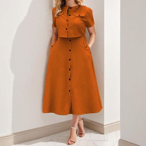 Skirt Sets for Women 2 Piece Outfits Button Down Short Sleeve Tops Lightweight High Waist Maxi Skirts Sets Pockets in Kuwait