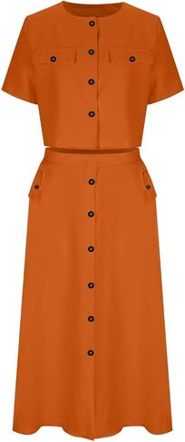Skirt Sets for Women 2 Piece Outfits Button Down Short Sleeve Tops Lightweight High Waist Maxi Skirts Sets Pockets in Kuwait