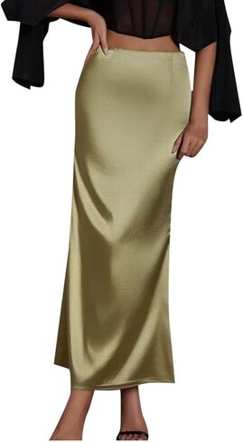 Womens Satin Skirt Silk A Line Swing Pleated Party Wedding Cocktail Skirts High Waist Bodycon Long Maxi Skirt in Kuwait