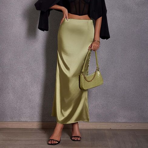 Womens Satin Skirt Silk A Line Swing Pleated Party Wedding Cocktail Skirts High Waist Bodycon Long Maxi Skirt in Kuwait