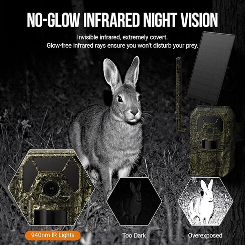 4G Cellular Trail Camera 2K Video Audible Video 0.3S Trigger 940nm لا Glow IR Light Vision Hunting Essentials IP66 الاستخدام الفوري مع ذاكرة 32 جيجابايت 13000 مللي أمبير لوحة الطاقة الشمسية المضادة للسرقة in Kuwait