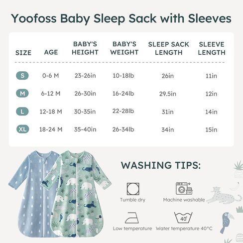 yoofoss baby sleep stack من 6 إلى 12 شهرًا ، أكياس نوم طويلة الأكمام 1.5 ، بطانية يمكن ارتداؤها للأطفال مع سحاب ثنائي الاتجاه ، دافئ ناعم in Kuwait