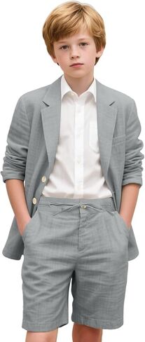 Retro Linen Boys Suit 2 Piece Slim Fit Suits Tuxedo Blazer Short Pants Set Prom Summer Kid Suits Wedding Outfit for Boy in Kuwait