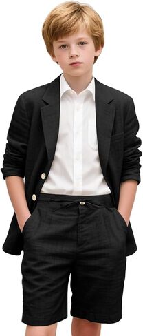 Retro Linen Boys Suit 2 Piece Slim Fit Suits Tuxedo Blazer Short Pants Set Prom Summer Kid Suits Wedding Outfit for Boy in Kuwait