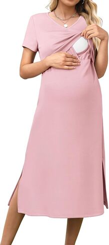 OUGES Womens 2026 Summer Short Sleeve Maternity Nursing Dress V Neck Breastfeeding Split Long Dress Pregnancy Clothes in Saudi Arabia
