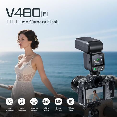 Flash Godox V480-S Flash لـ Sony ، GN50 High Output ، التحكم في الشاشة ، شحن USB-C ، وقت إعادة التدوير السريع 1.7S ، 650 وميض كامل القوة ، 2.4G X Wireless 1/8000S HSS TTL Flash Speedlite in Saudi Arabia