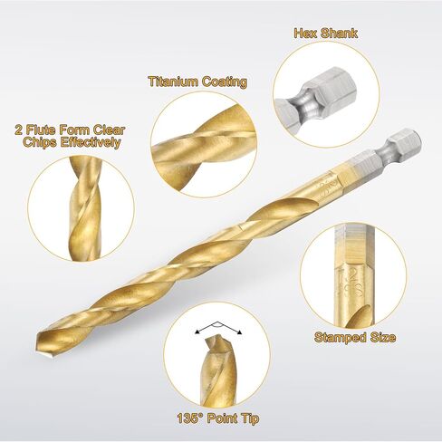 uxcell 6pcs 1/4" Hex Shank Titanium Twist Drill Bit 9mm Drilling Dia 125mm Length High Speed Steel Drills for Hardened Metal, Stainless Steel, Cast Iron, Wood, Plastic in Saudi Arabia